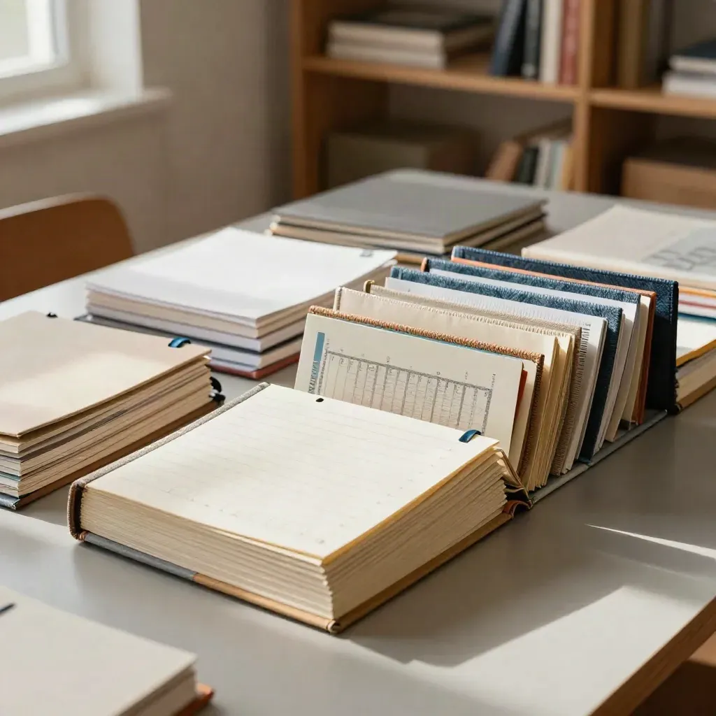 Rozłożone segregatory kursów i materiały edukacyjne na jasnym stole w miękkim świetle okna.