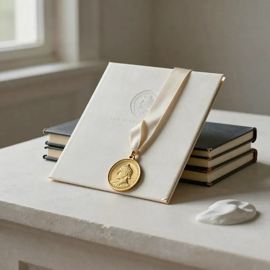 Medal, etui z certyfikatem i ułożone zeszyty na jasnym, minimalistycznym tle.